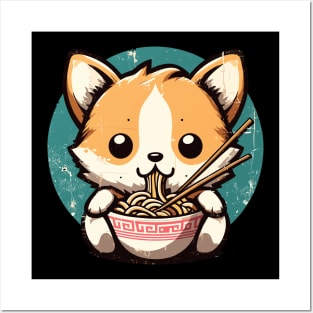 Kawaii vintage corgi eat ramen Posters and Art